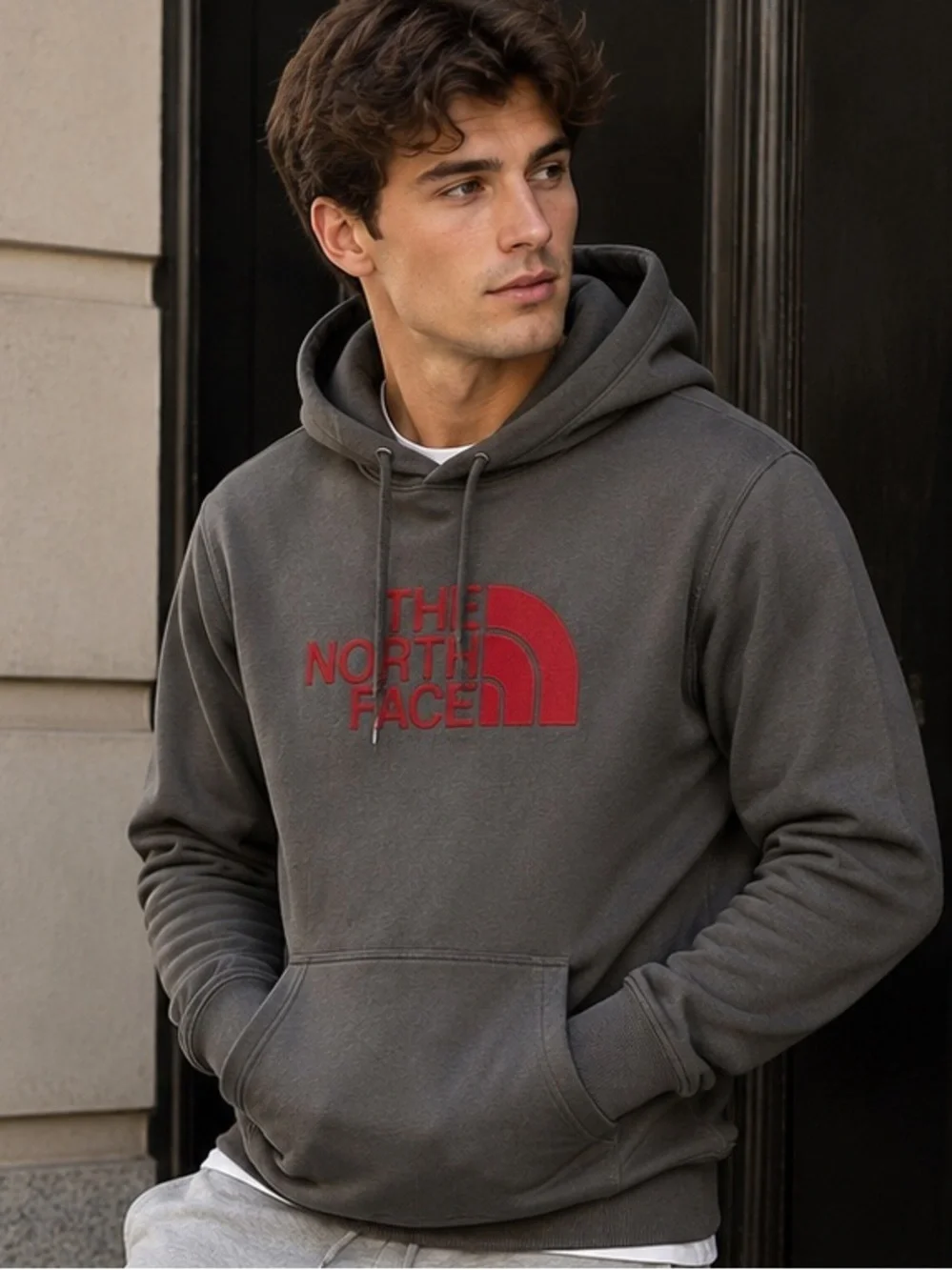 North face logo hoodie size small excellent condition. Gray with red lettering